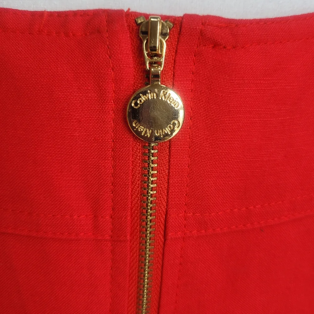 Chic Calvin Klein Red Linen Sleeveless Belted Dress Size 12 W/Pockets Like New - Picture 12 of 13